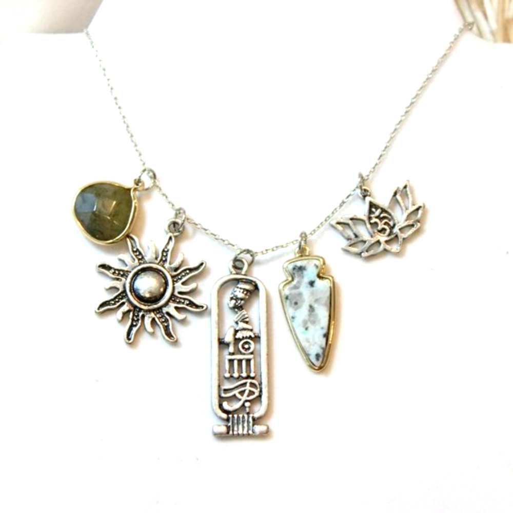 Solstice Sun Tribal Ethnic Gemstone Arrow Lotus Indie necklace
